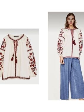 Embroidered Peasant Blouse with Tassel Tie